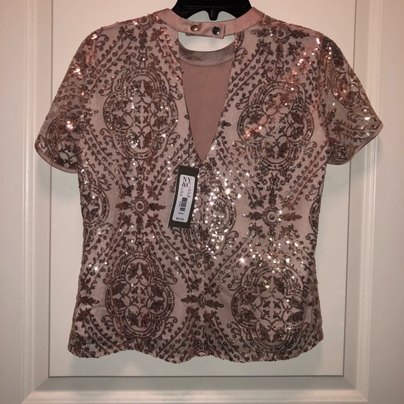 NY & Company Eva Mendes Mauve Pink Sequins Blouse Top XS - Picture 3 of 4